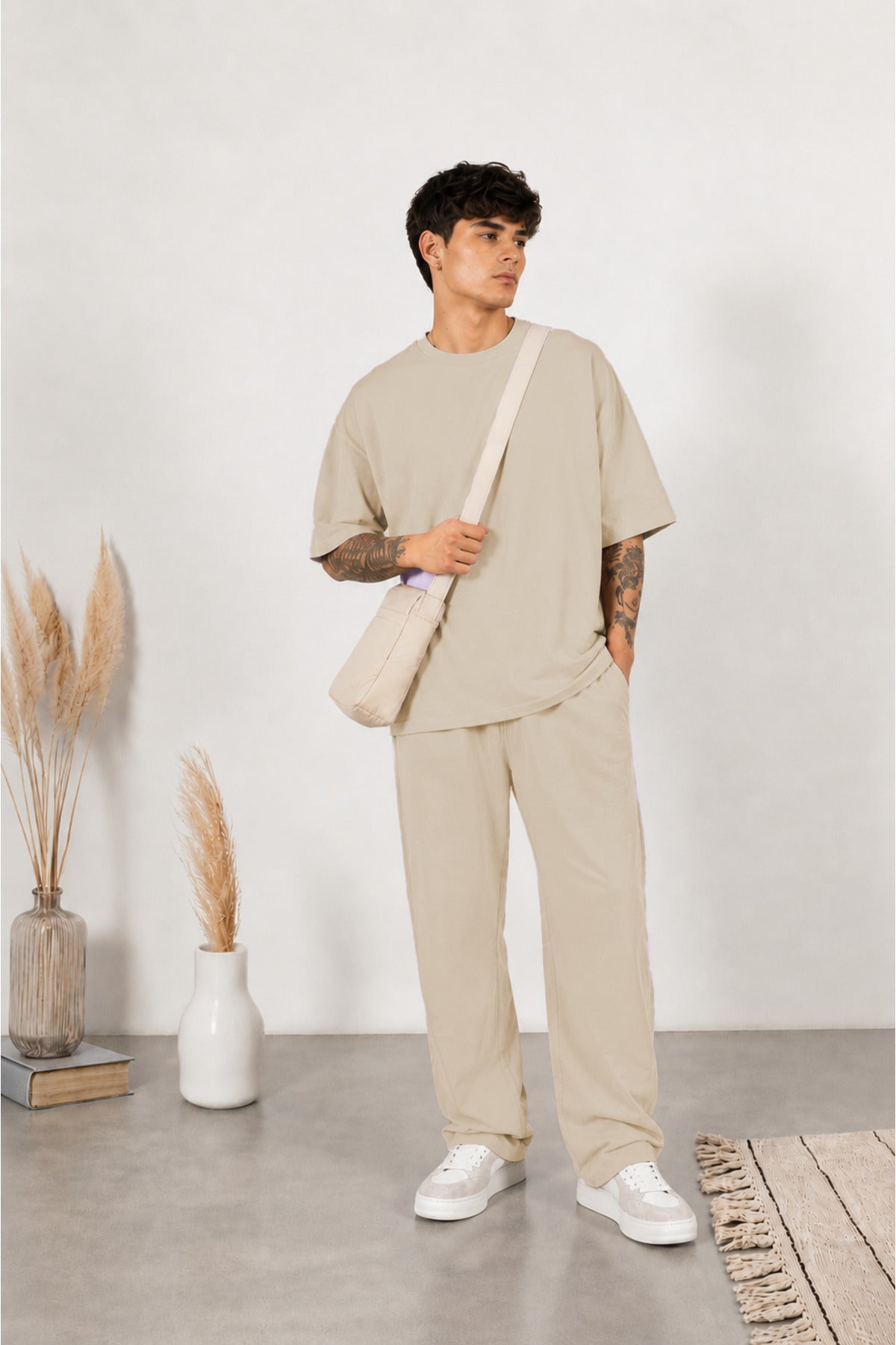 Erkek Yeni Sezon Oversize Premium Tişört Pantolon Kombin - Bej - 1