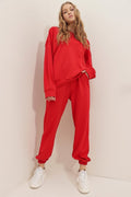 Kadın Kirmizi Bisiklet Yaka Basic Oversize Eşofman Takımı - Kırmızı - 1