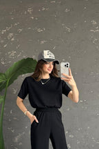 Kadın Basic Crop Bisiklet Yaka Bürümcük Tişört - Siyah - 1