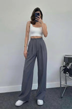 Kadın Trend Bol Paça Yüksek Bel Pileli Crep Pantolon - Füme - 3