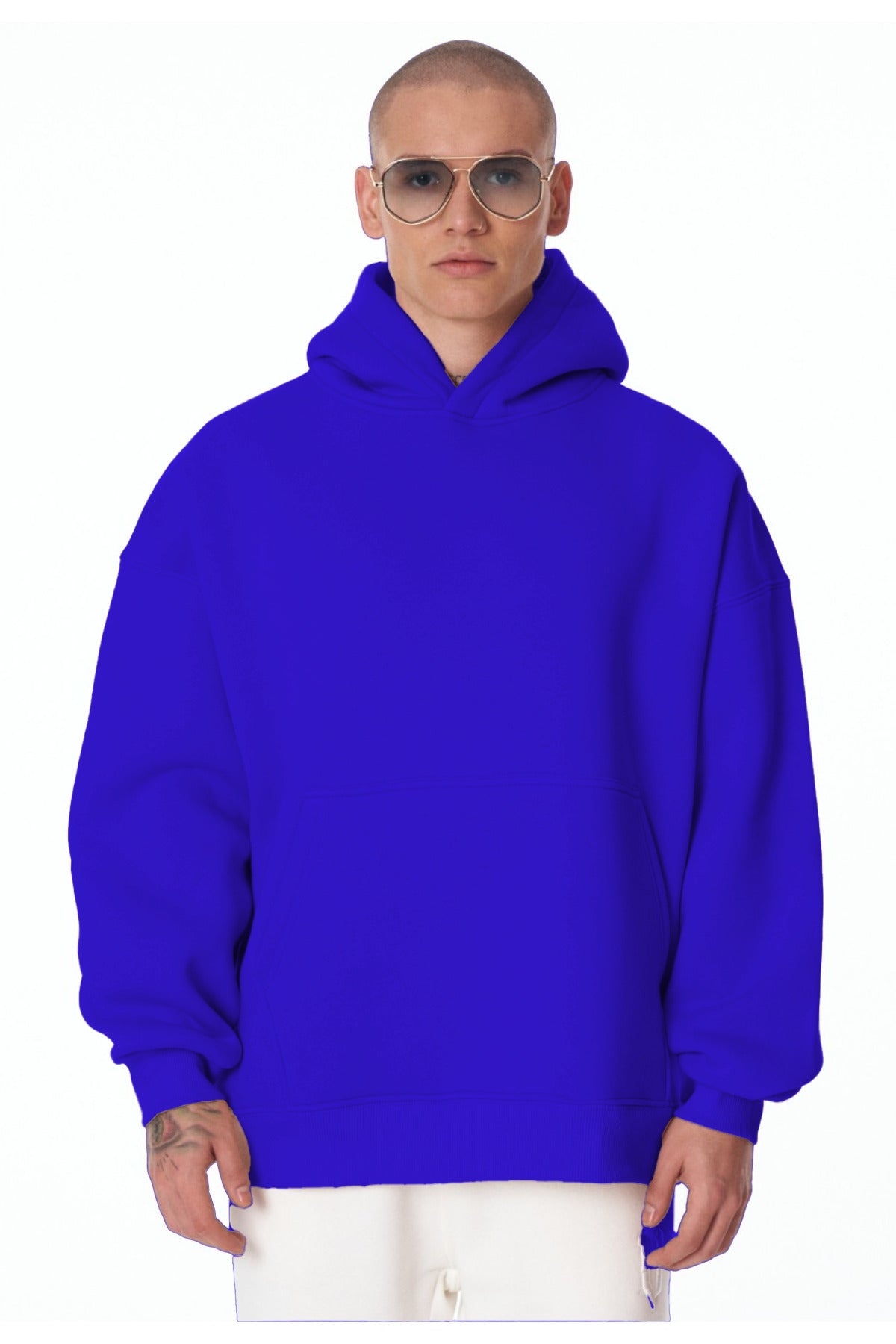 Erkek Bol Kesim Oversize 3 İ̇plik İ̇çi Pamuklu Şardonlu Kanguru Cep Kapşonlu Kışlık Hoodie Sweatshirt - Saks Mavisi - 2