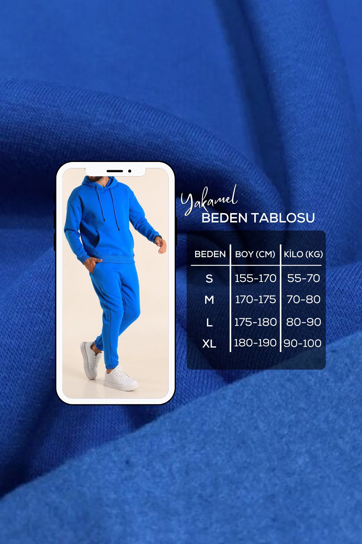 Kapüşonlu Kanguru Cepli Pamuklu Saks Mavisi Erkek Eşofman Takımı - Saks Mavisi - 6
