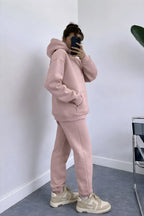 Kadın Oversize Trend Model Kanguru Cep Kapşonlu Sweatshirt Eşofman Takımı - Pudra Pembe - 3