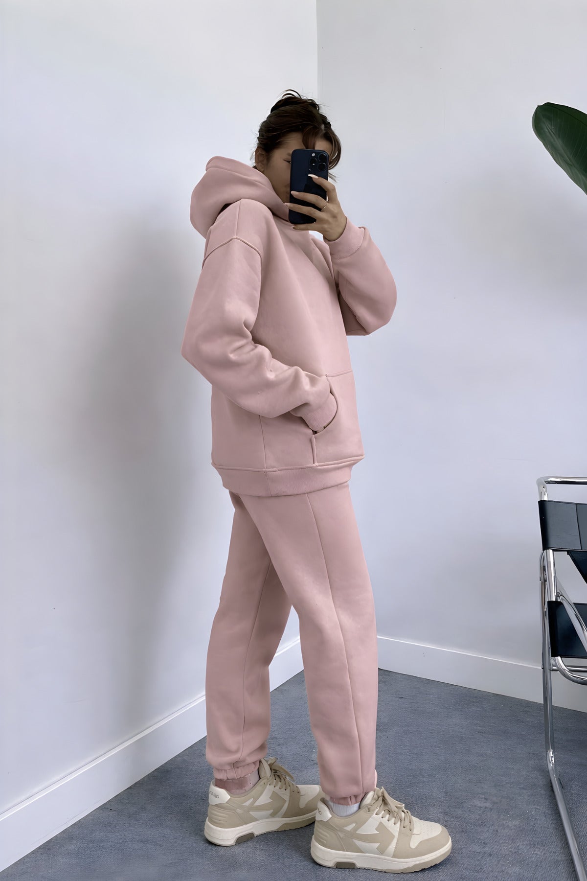 Kadın Oversize Trend Model Kanguru Cep Kapşonlu Sweatshirt Eşofman Takımı - Pudra Pembe - 3
