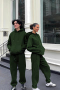Kadın Erkek Trend Model Çiftlere Özel 3 İ̇plik Oversize Tekli Eşofman Takımı - Koyu Yeşil - 1