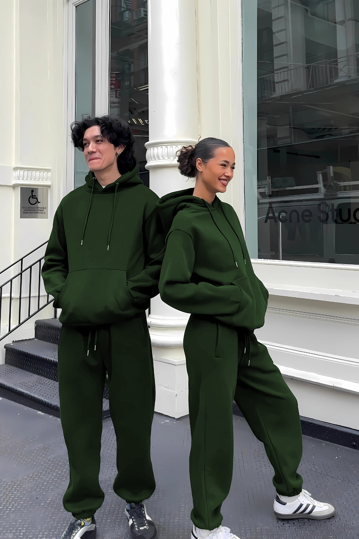 Kadın Erkek Trend Model Çiftlere Özel 3 İ̇plik Oversize Tekli Eşofman Takımı - Koyu Yeşil - 1