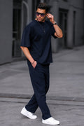 Erkek Lacivert Yazlık Bisiklet Yaka Oversize Eşofman Takımı - Navy Blue - 1