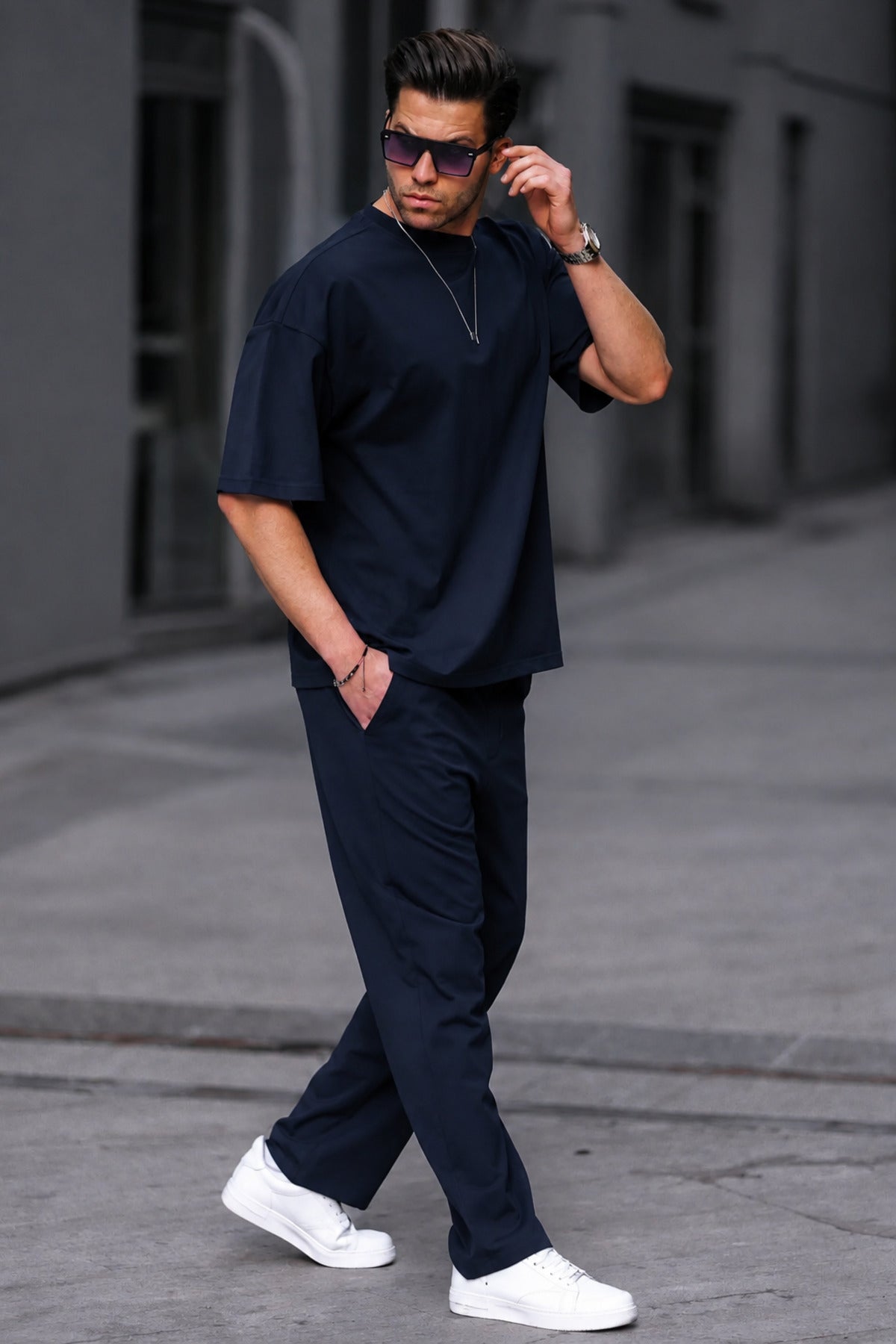 Erkek Lacivert Yazlık Bisiklet Yaka Oversize Eşofman Takımı - Navy Blue - 1