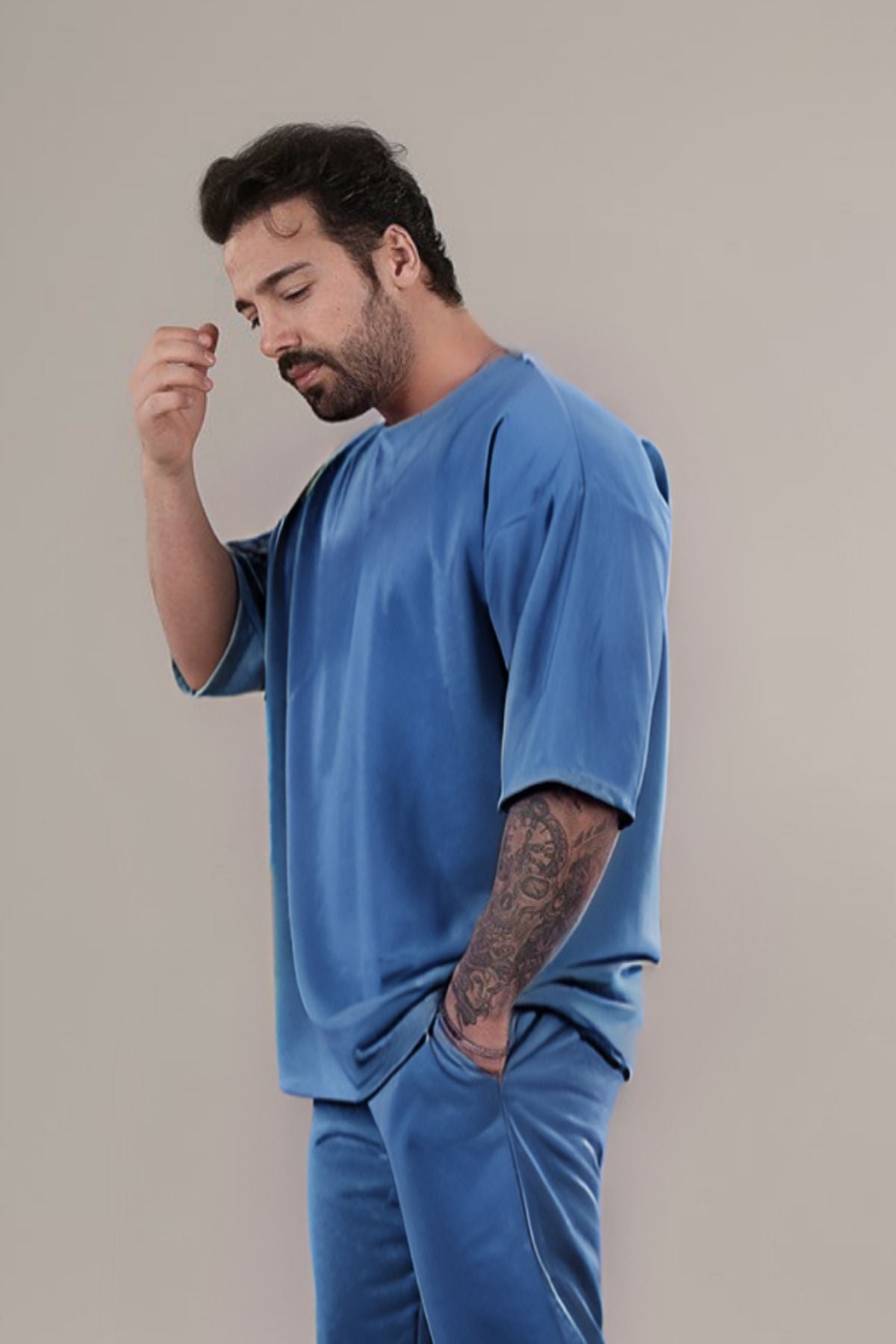 Erkek Oversize Comfort Penye T-shirt - İndigo - 3
