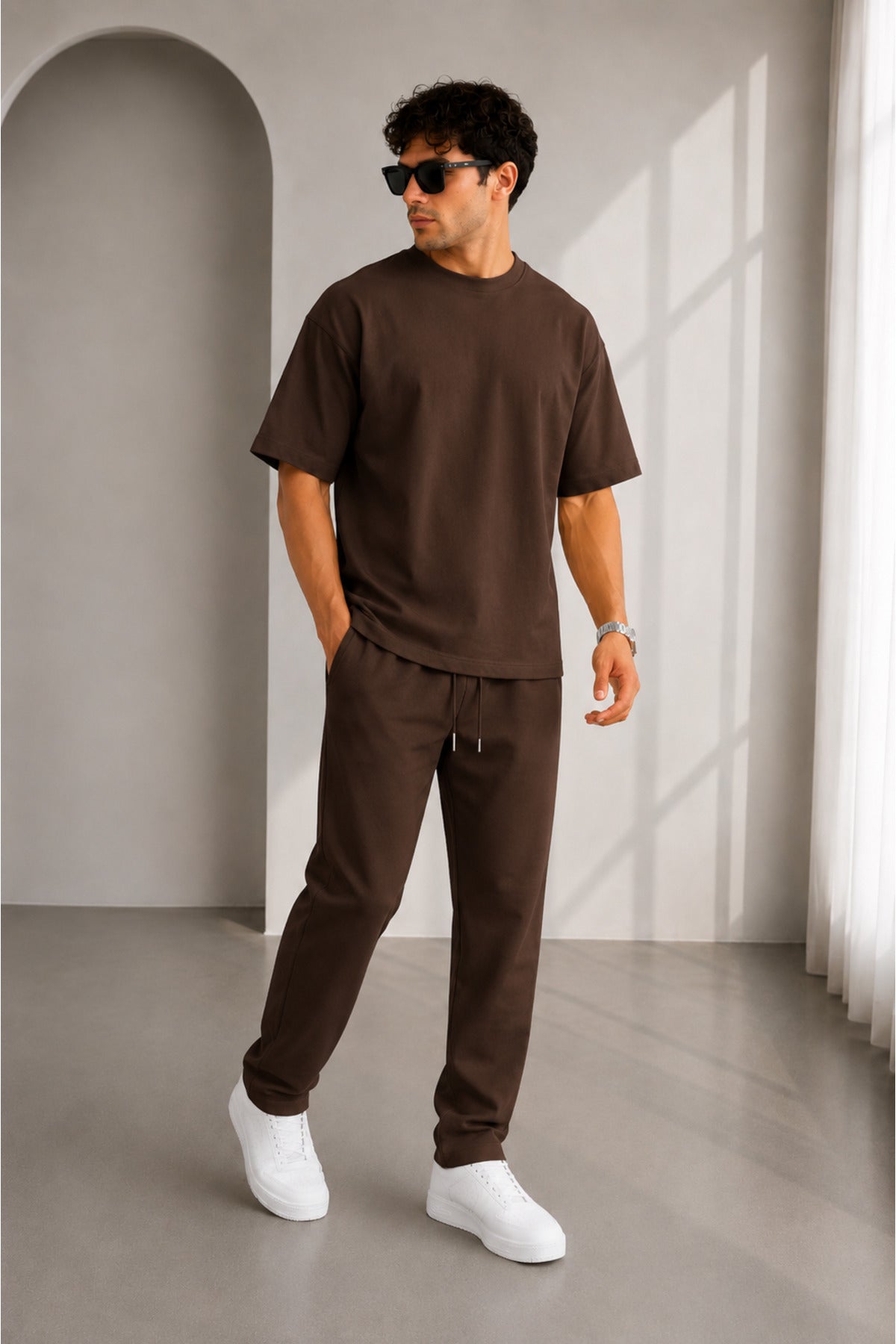 Erkek Oversize Basic İ̇kili Takım Bisiklet Yaka Rahat Kalıp Günlük Eşofman Takımı - Kahverengi - 4
