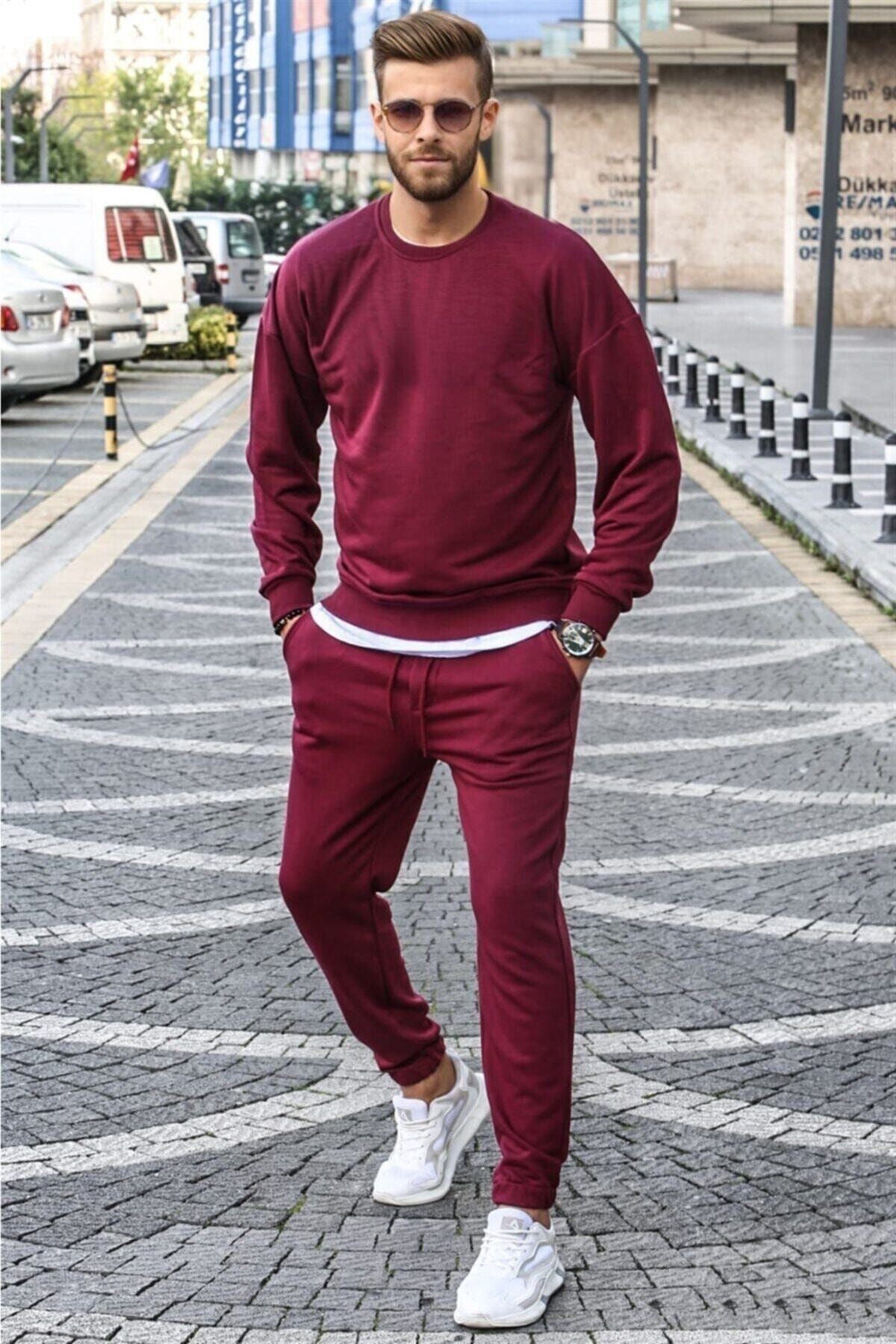 Erkek Bordo Bisiklet Yaka Eşofman Takımı - Bordo - 1