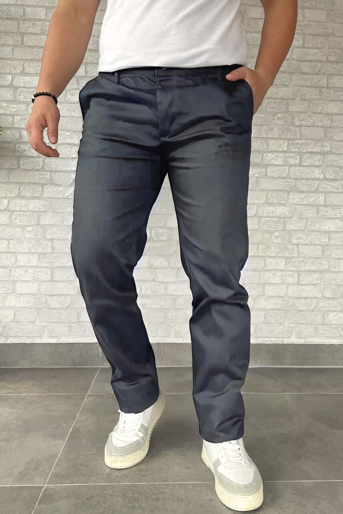 Erkek Likralı Rahat Kalıp Kumaş Okul Pantolonu - Gri - 1