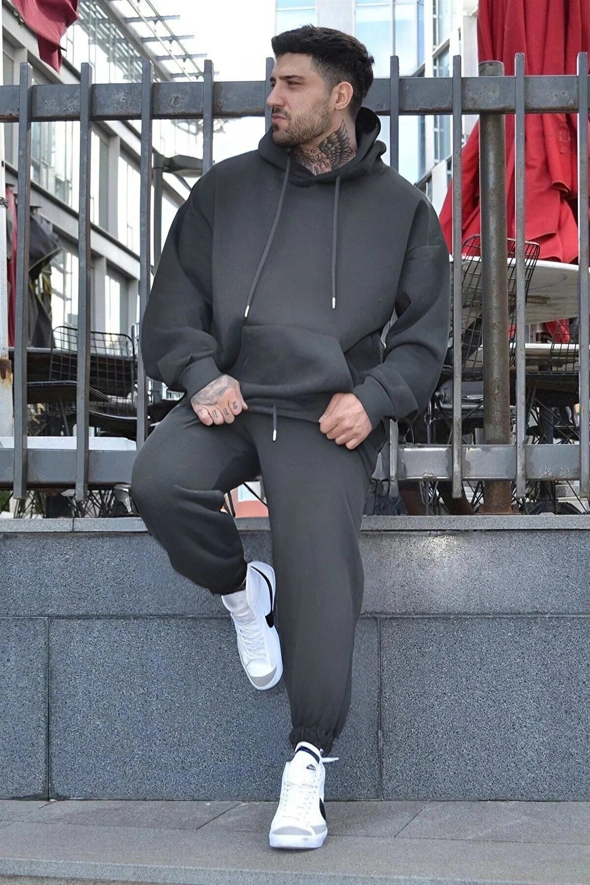 Unisex Füme Kaliteli Eşofman Takımı Kalın Kışlık 3 İ̇plik - Füme - 2