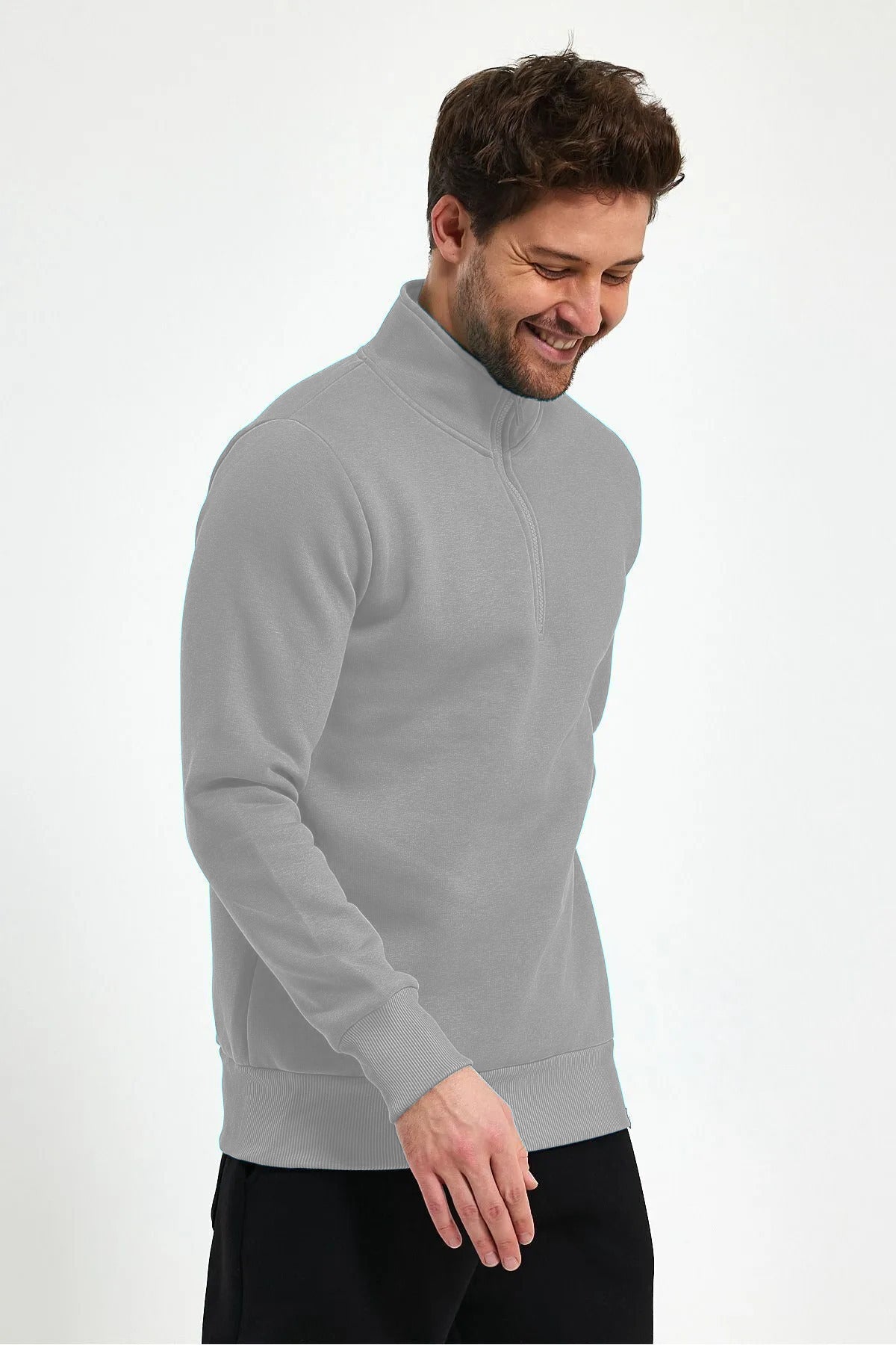 Erkek Yarım Fermuar Dik Yaka Uzun Kollu 3 İ̇plik Sweatshirt - Gri - 2