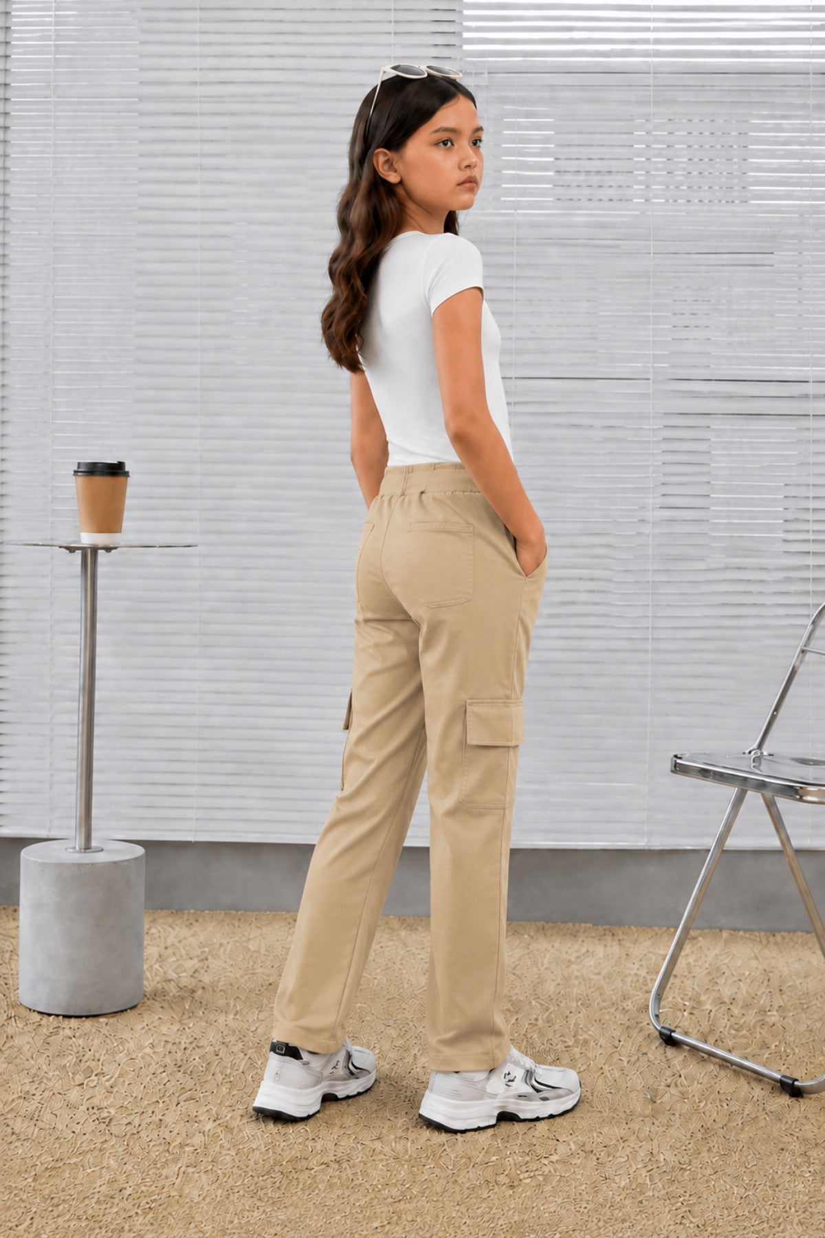 Çocuk Beli Bağlamalı Kargo Cepli Ayarlanabilir Bel Trend Okul Pantolon - Krem - 6