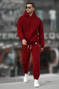Kapşonlu 3 İ̇plik Şardonlu Rahat Kesim Kışlık Hoodie Eşofman Takımı - Bordo - 1