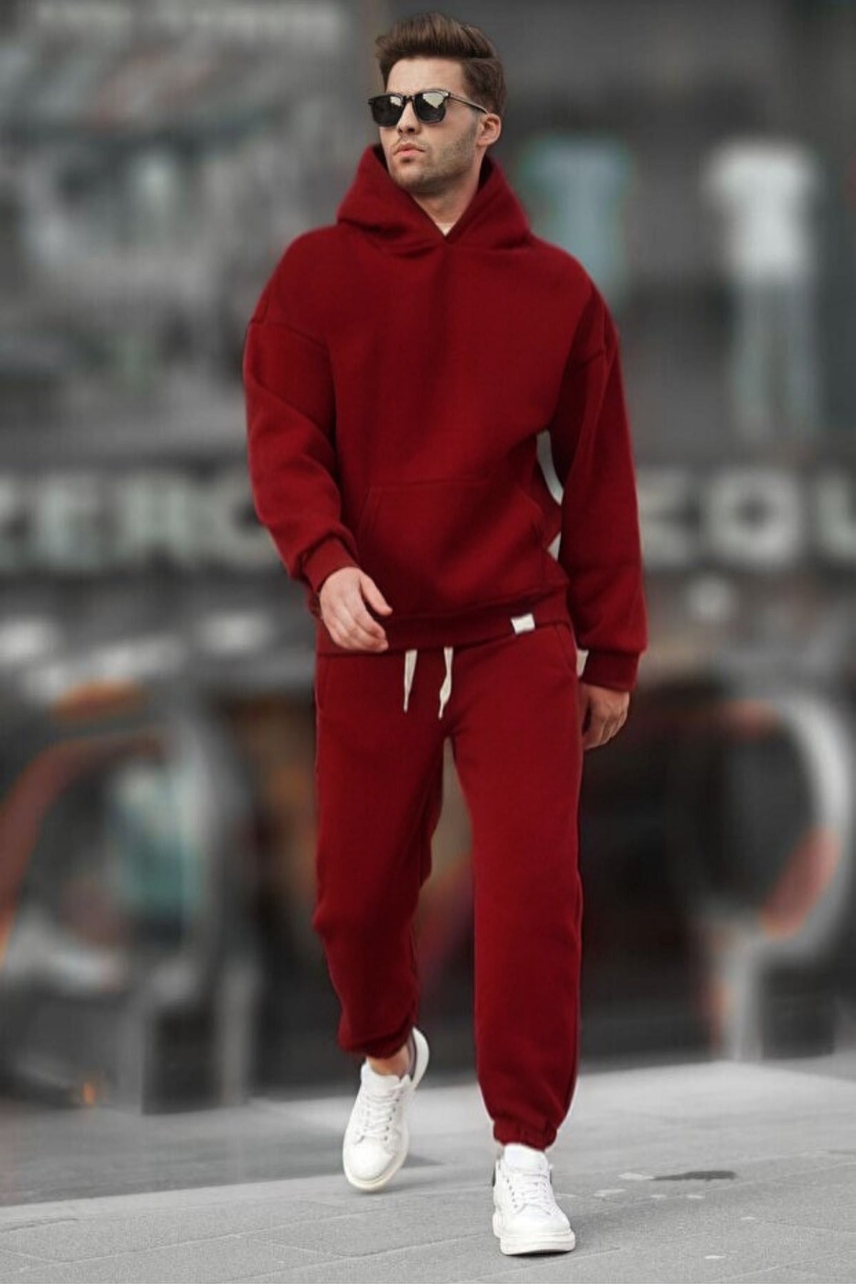 Kapşonlu 3 İ̇plik Şardonlu Rahat Kesim Kışlık Hoodie Eşofman Takımı - Bordo - 1