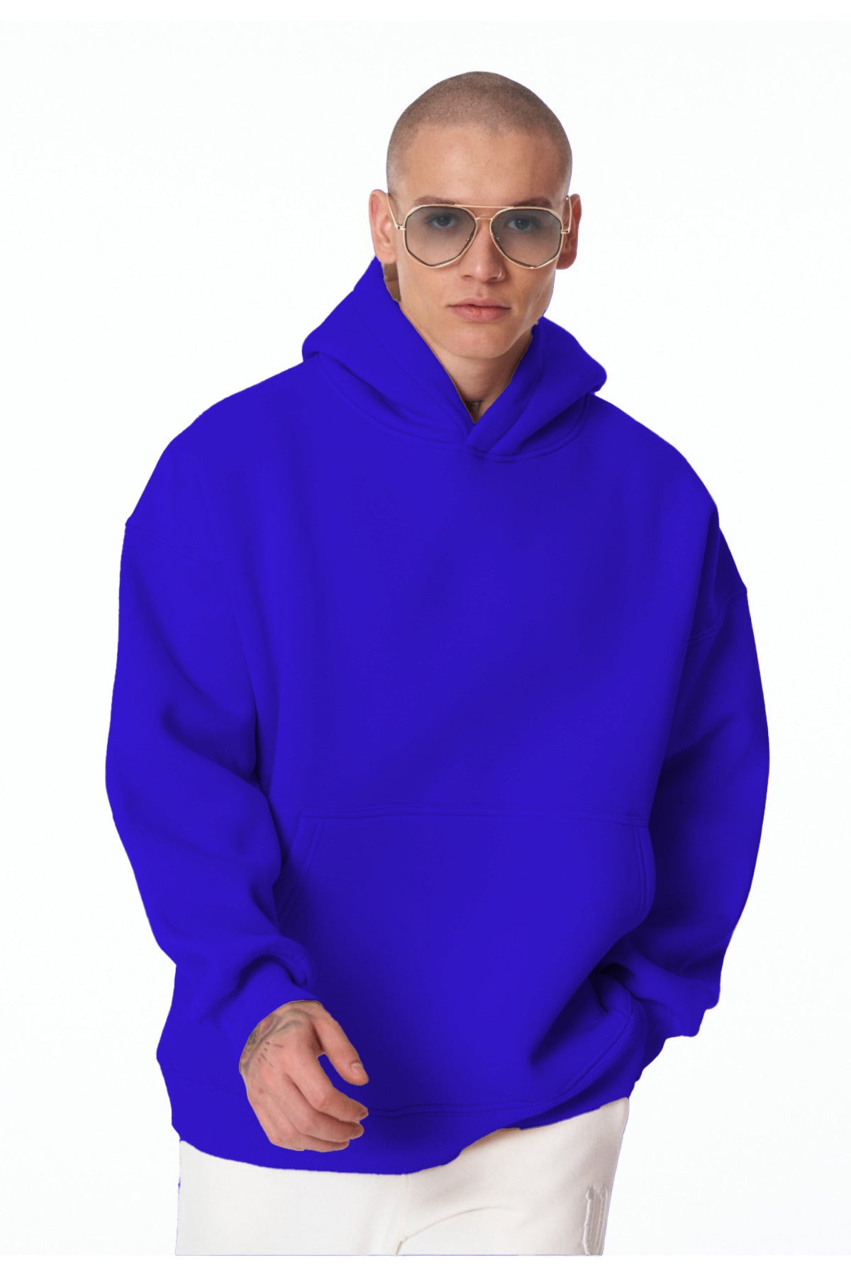 Erkek Bol Kesim Oversize 3 İ̇plik İ̇çi Pamuklu Şardonlu Kanguru Cep Kapşonlu Kışlık Hoodie Sweatshirt - Saks Mavisi - 1