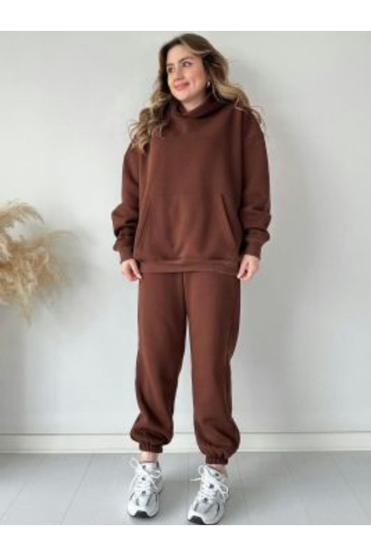 Kadın Unisex Kapüşonlu 3 İplik Oversize Eşofman Takımı - TABA - 4