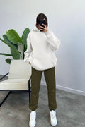 Kadın Kapşonlu Sweatshirt Jogger Eşofman Takımı - Beyaz Haki - 1