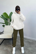 Kadın Kapşonlu Sweatshirt Jogger Eşofman Takımı - Beyaz Haki - 1