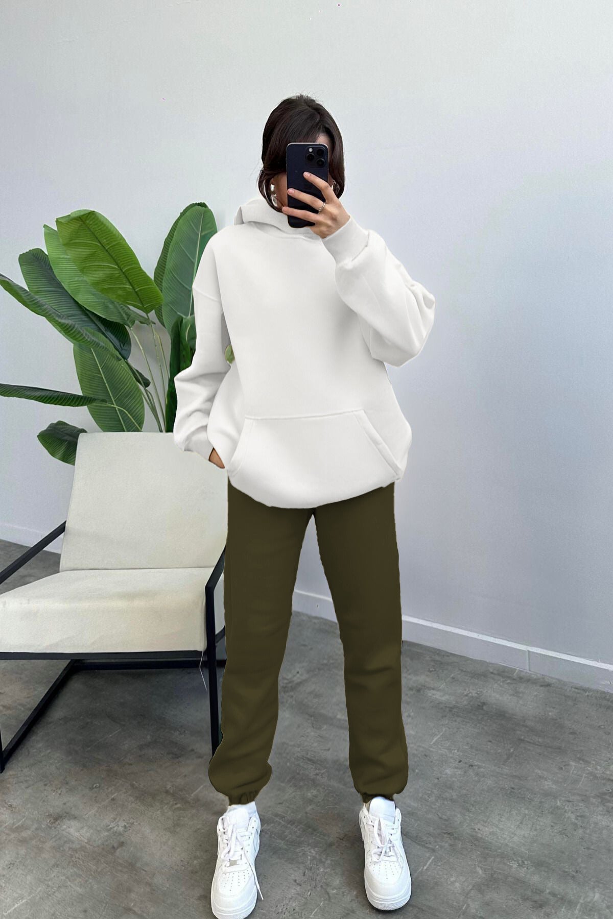 Kadın Kapşonlu Sweatshirt Jogger Eşofman Takımı - Beyaz Haki - 1