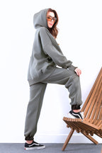 Kadın Yüksek Bel 3 İ̇plik Kalın Şardonlu Oversize Fit Jogger Eşofman Takımı - Gri - 2