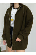 Kadın Haki̇ Fermuarlı Kapşonlu Kanguru Cep Basic Sweatshirt Hırka - Haki - 1