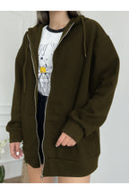 Kadın Haki̇ Fermuarlı Kapşonlu Kanguru Cep Basic Sweatshirt Hırka - Haki - 1