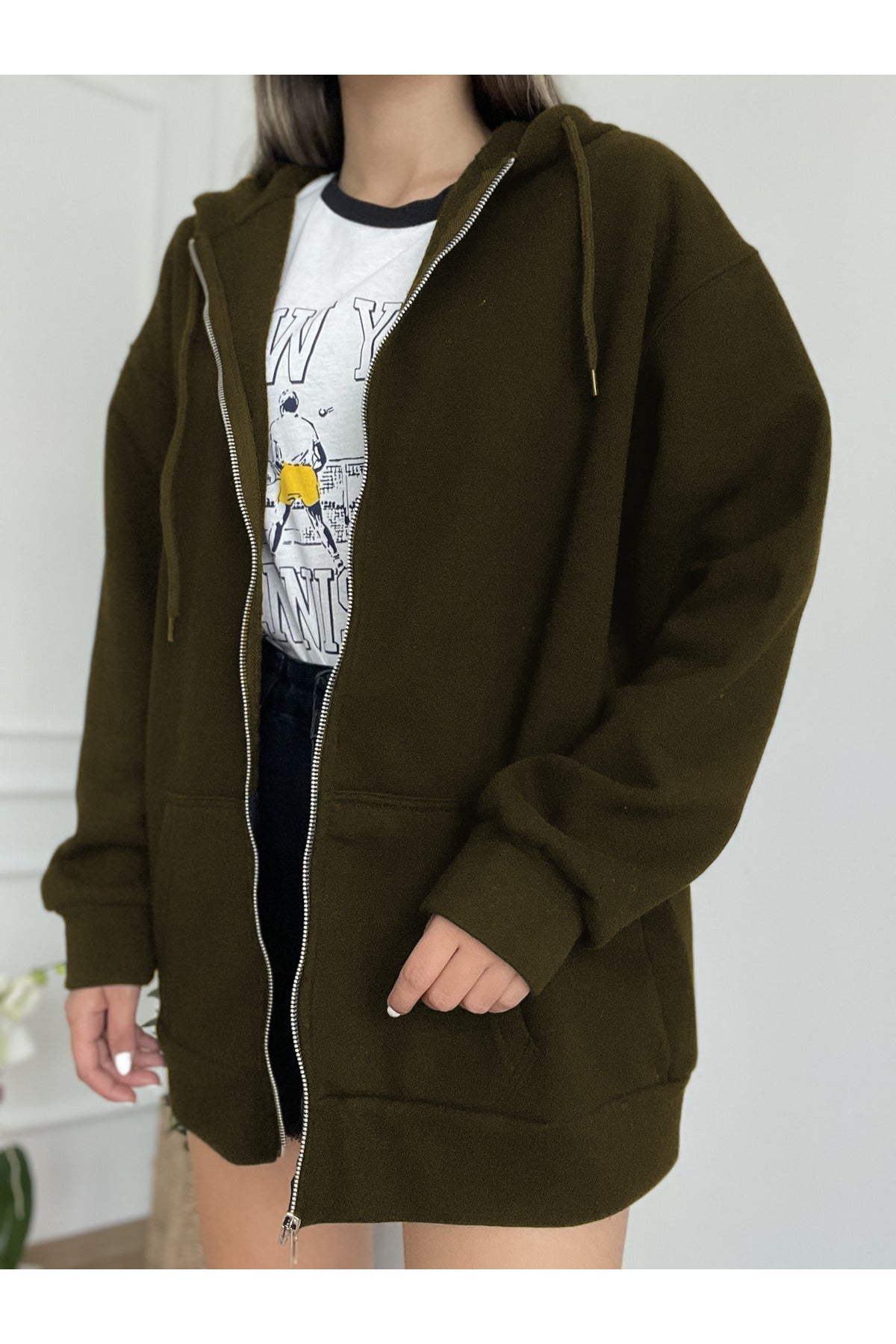 Kadın Haki̇ Fermuarlı Kapşonlu Kanguru Cep Basic Sweatshirt Hırka - Haki - 1