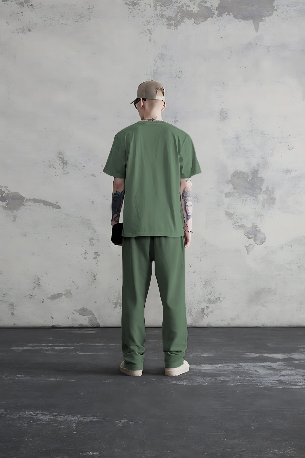 Erkek Oversize Esnek Penye Eşofman Takımı - Yeşil - 2