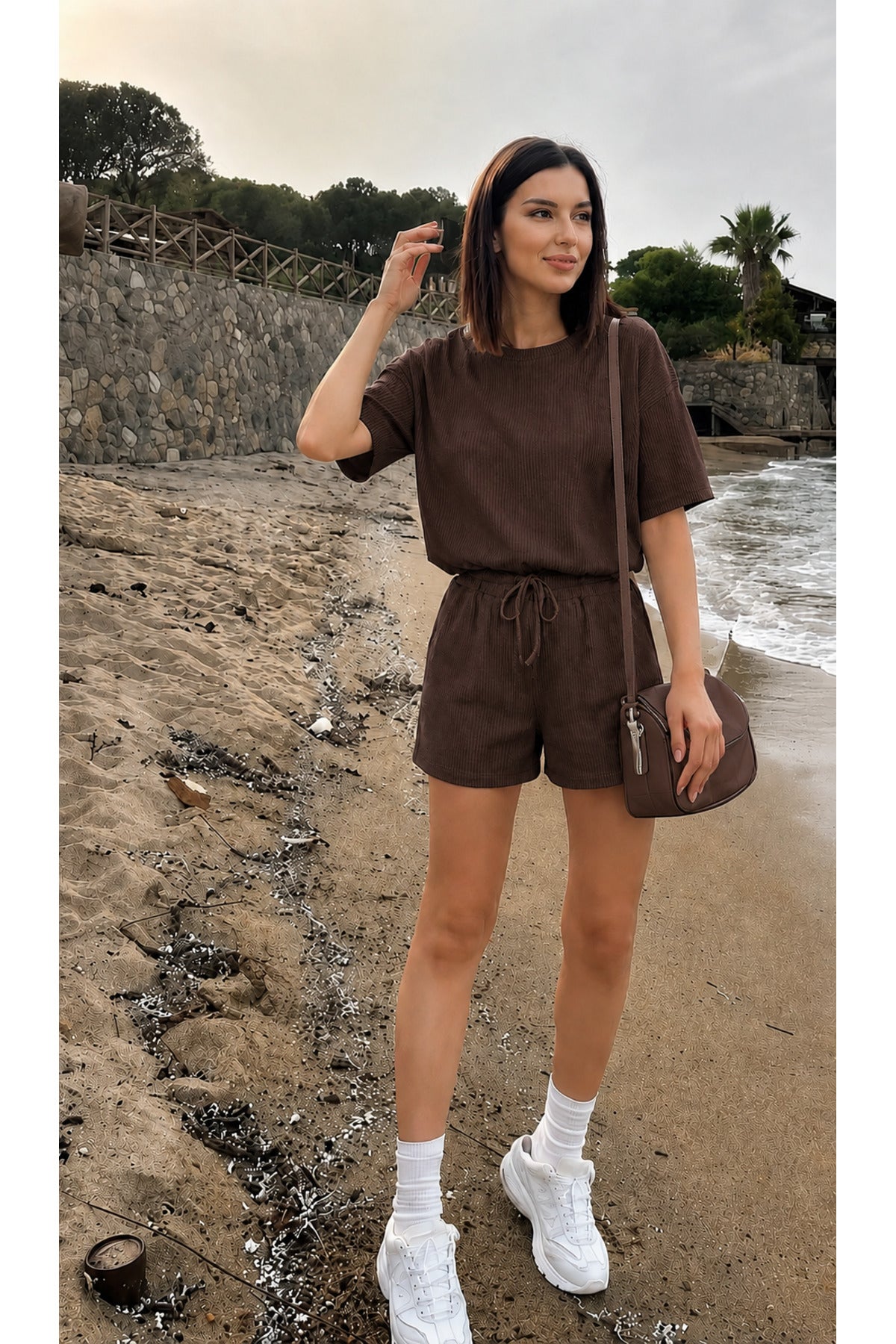 Kadin Kisa Kollu Premium Esnek Sahi̇l Ve Tati̇l Kullanimina Uygun Yazlik Fi̇ti̇lli̇ Şort T-shirt Takim - Kahverengi - 3