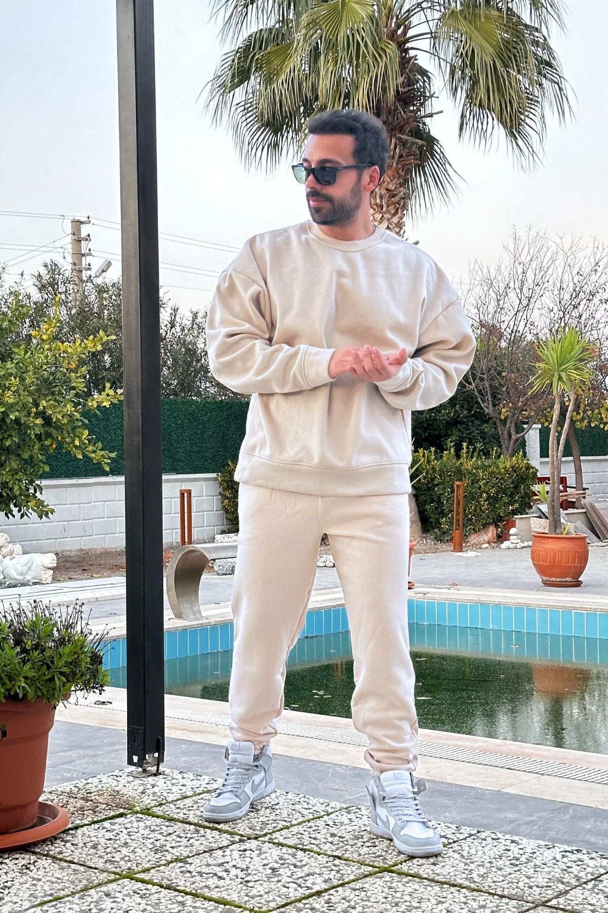 Erkek Unisex 3 İ̇plik Krem Takim Bisiklet Yaka Sweatshirt Ve Eşofman Altı - Bej - 2