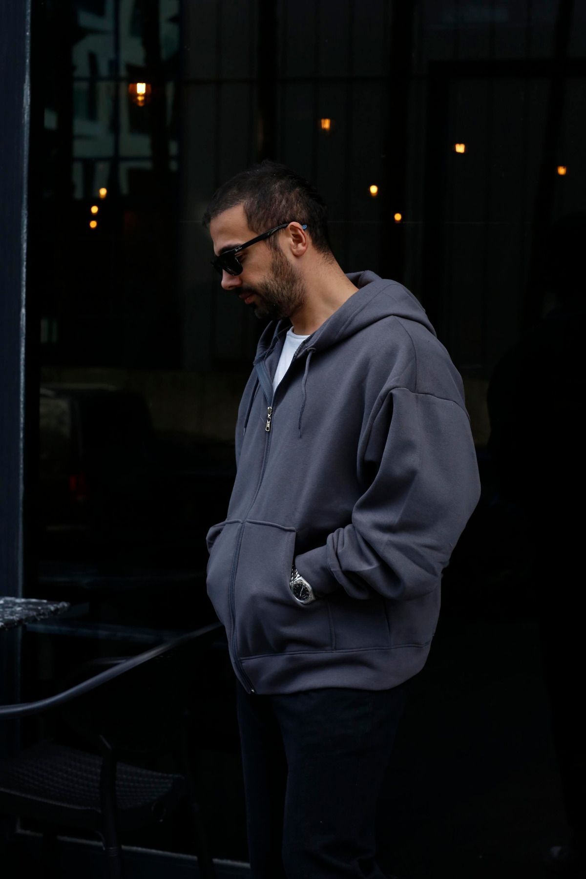 Erkek 3 İ̇plik Smoked Tam Fermuarlı Hoodie Sweatshirt - Füme - 5