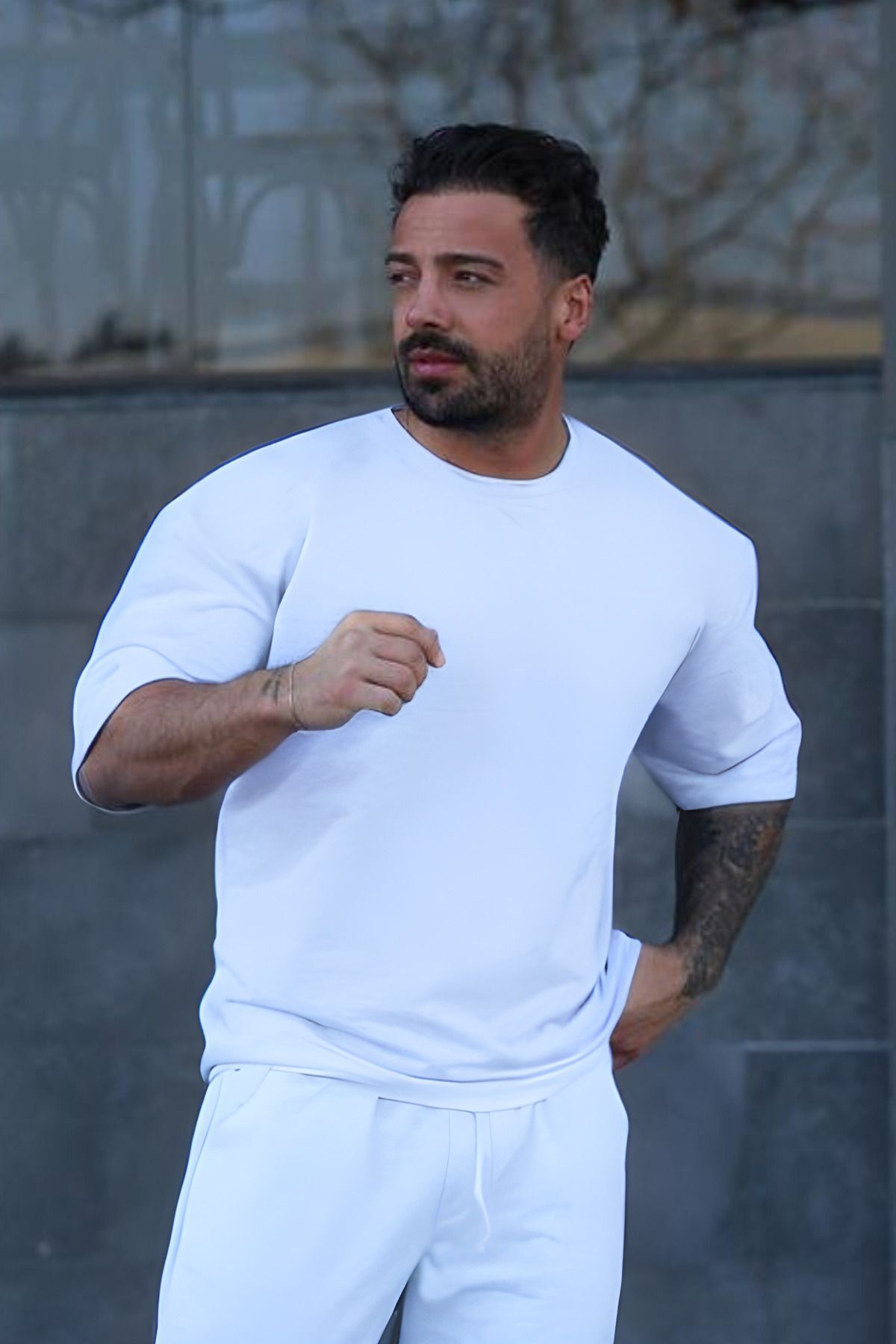 Erkek Oversize Pamuklu Nefes Alan T-shirt - Beyaz - 2