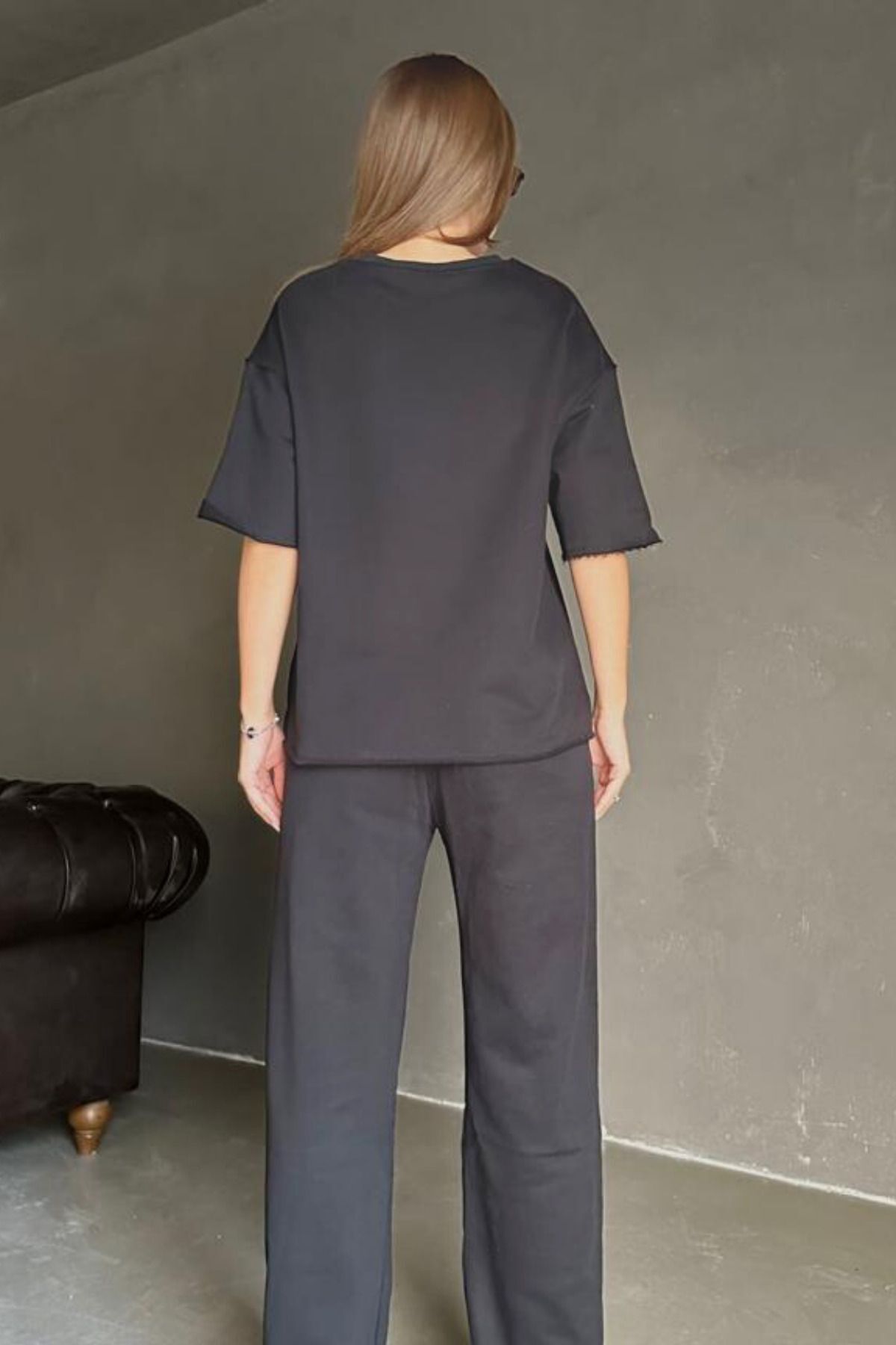 Kadın Füme Düğmesiz Kısa Kol Pamuklu Pijama Takımı - Füme - 3