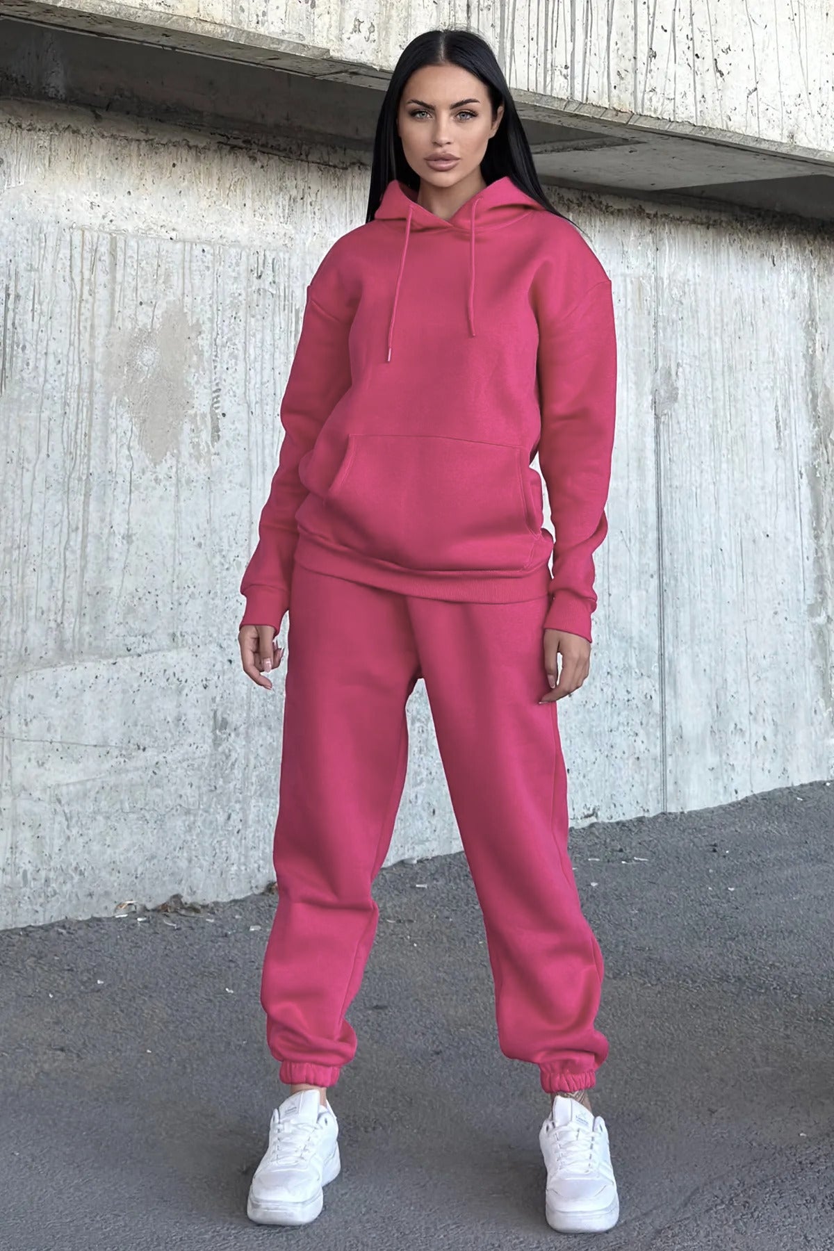 Kadın Oversize 3 İ̇plik İ̇çi Şardonlu Paçası Lastikli Kapüşonlu Kangur Cep Kalın Eşofman Takımı - Mürdüm - 1