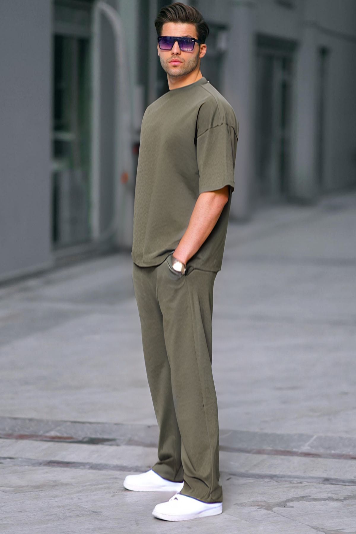 Erkek Kısa Kollu Penye Pijama Takımı Oversize Bisiklet Yaka - Haki - 3