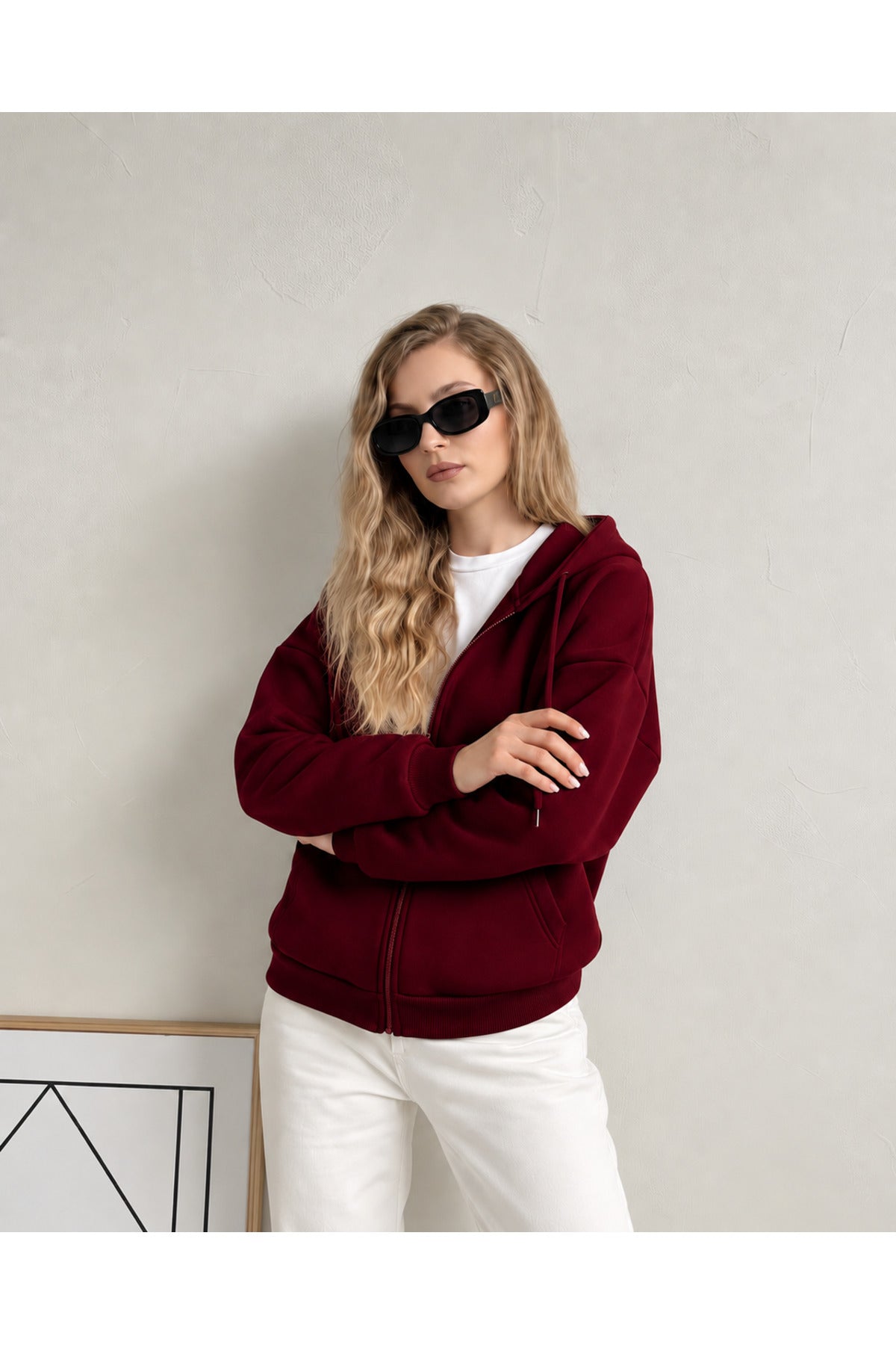 Kadin 3 İ̇pli̇k Kapüşonlu Fermuarli Oversi̇ze Sweatshirt Hirka - Bordo - 3