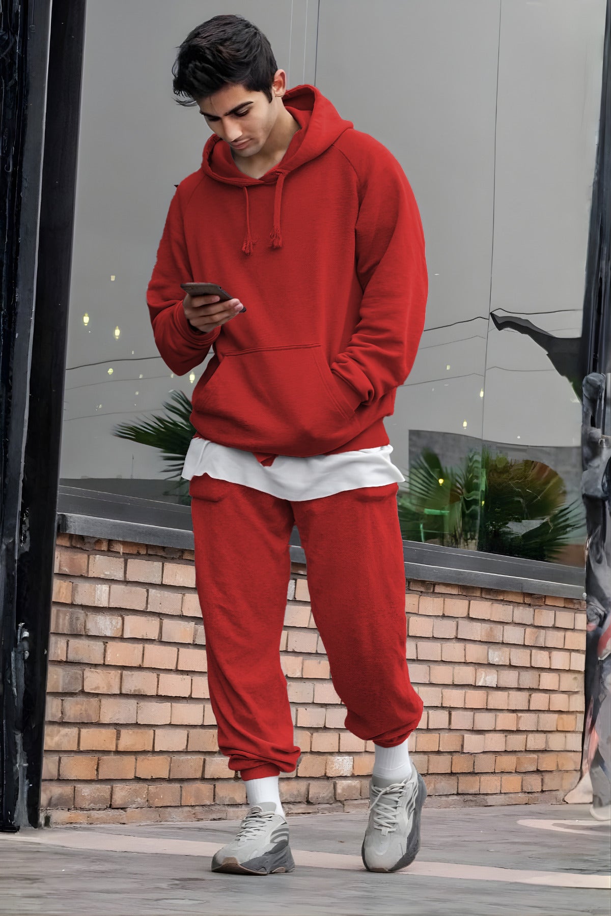 Erkek Oversize 3i̇pliki Şardonlu Basic Eşofman Takımı - Kırmızı - 1