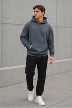 Erkek Oversize Kapüşonlu Sweatshirt Basic Hoodie Cepli - Füme - 3