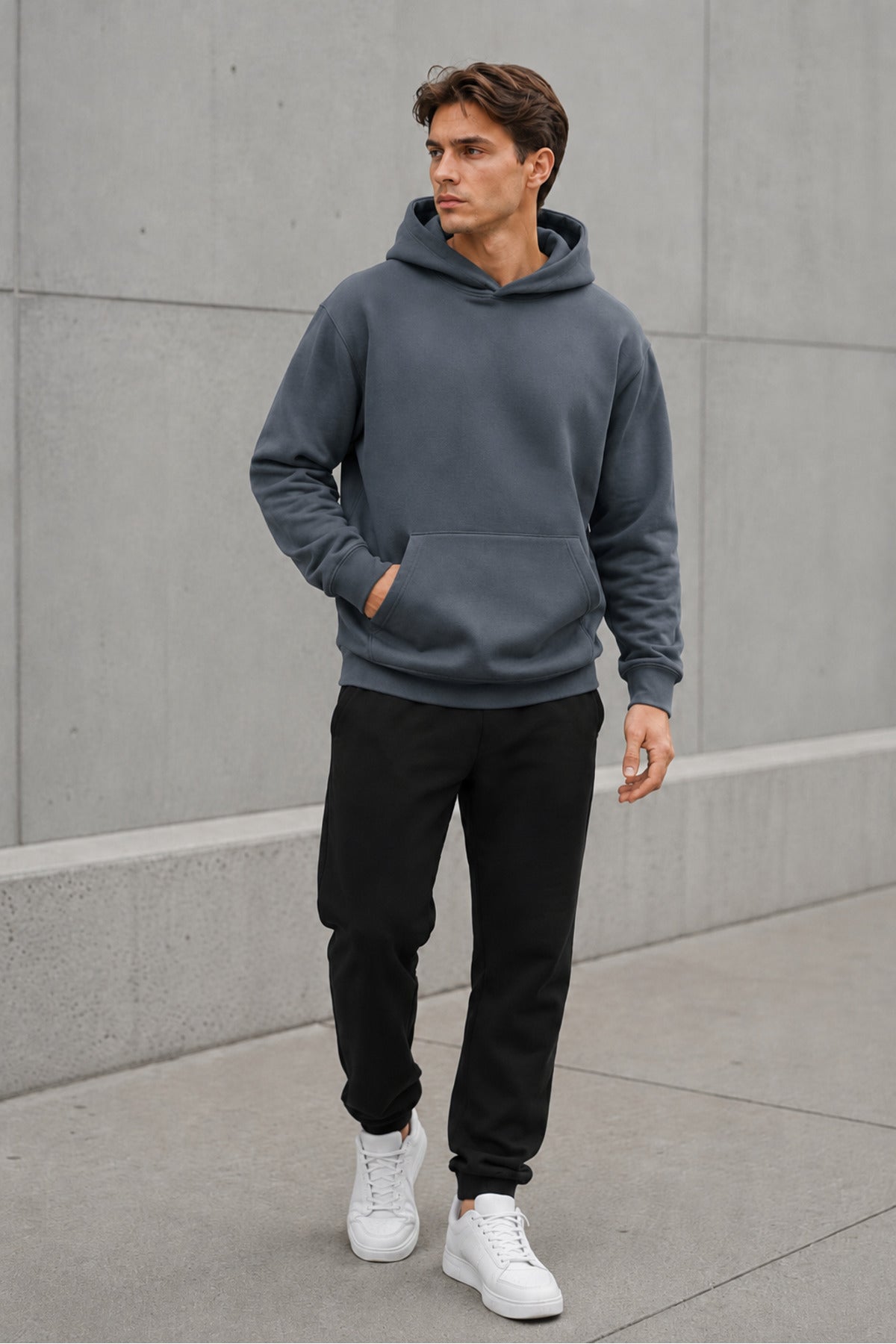 Erkek Oversize Kapüşonlu Sweatshirt Basic Hoodie Cepli - Füme - 3