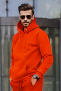 Erkek Bol Kesim Oversize 3 İ̇plik İ̇çi Pamuklu Şardonlu Kanguru Cep Kapşonlu Kışlık Hoodie Sweatshirt - Turuncu - 1