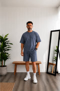 Erkek Oversize Basic Tişört Şort Takım Günlük Kısa Kollu Yazlık Eşofman Takımı - Füme - 1