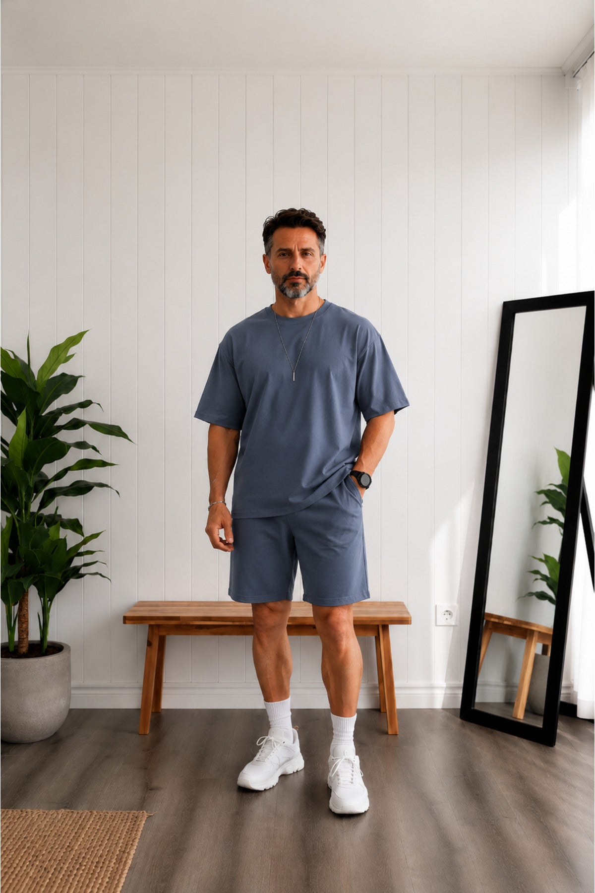 Erkek Oversize Basic Tişört Şort Takım Günlük Kısa Kollu Yazlık Eşofman Takımı - Füme - 1