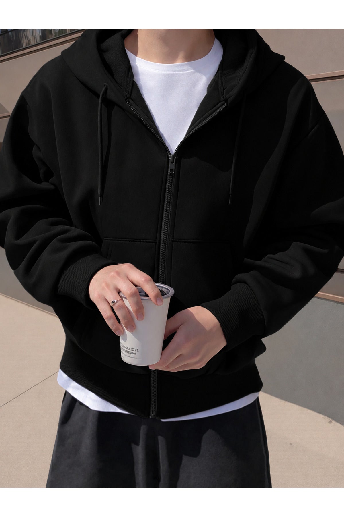 Erkek 3 İ̇pli̇k Fermuarli Kapüşonlu Oversi̇ze Rahat Sweatshirt Hirka - Siyah - 2