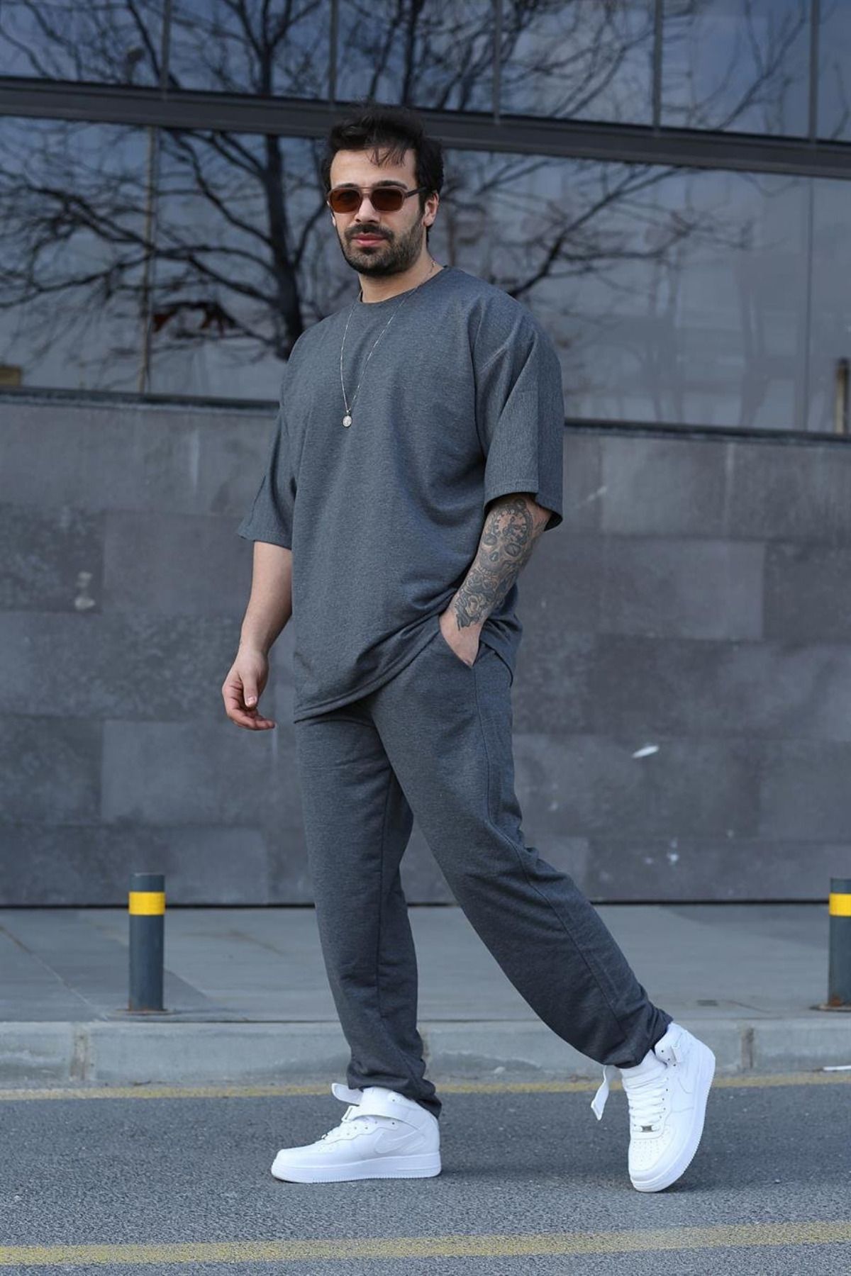 Erkek Kısa Kollu Pijama Takımı Bisiklet Yaka Tok Kumaş - Füme - 1