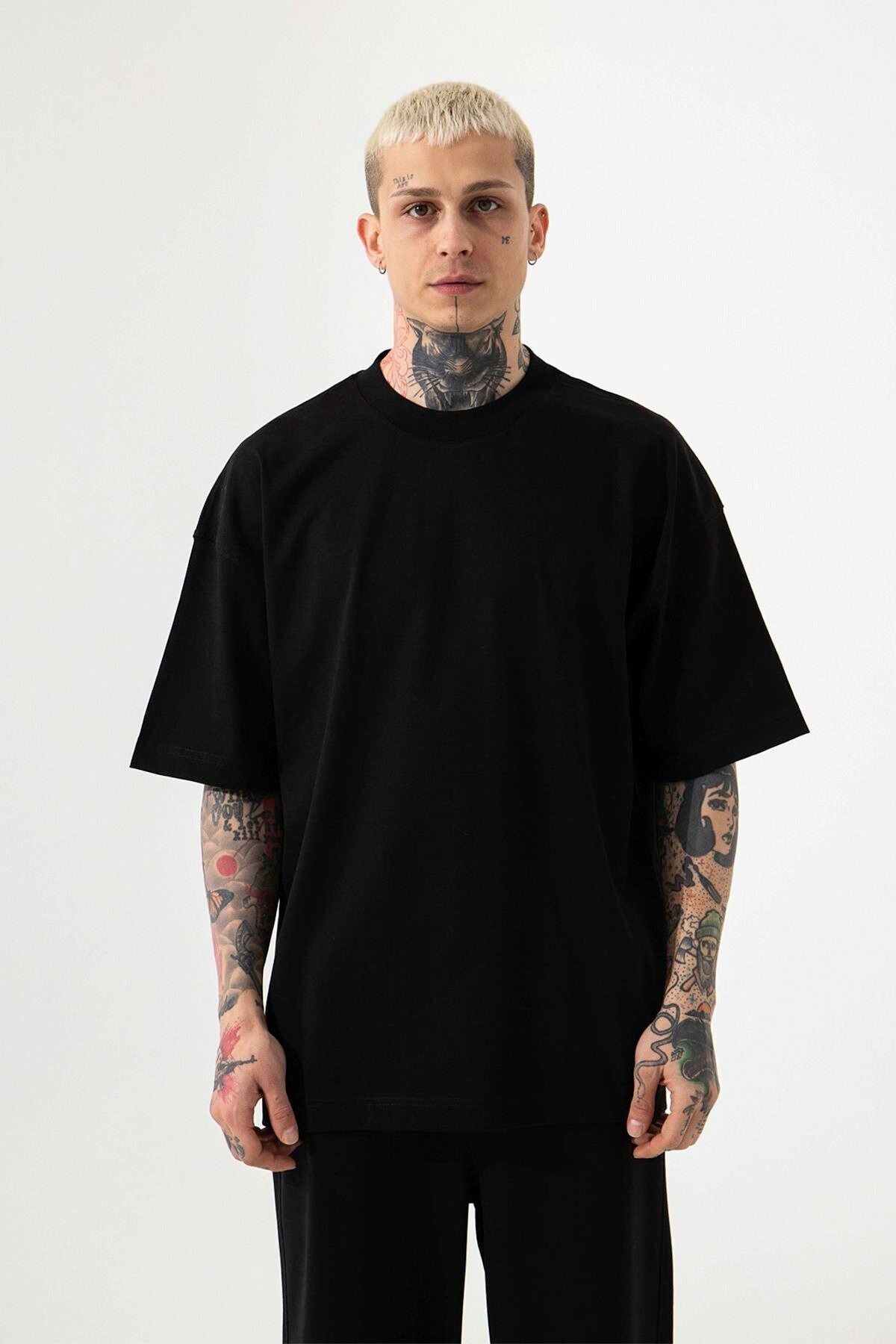 Erkek Si̇yah Oversize T-shirt Kısa Kollu Tişört - BLACK - 1