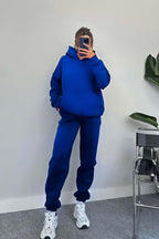 Kadın Oversize Trend Model Kanguru Cep Kapşonlu Sweatshirt Eşofman Takımı - Saks Mavisi - 2