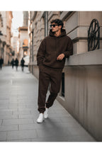 Erkek 3 İ̇pli̇k Oversi̇ze Kapüşonlu Kanguru Cep Lasti̇k Paça Jogger Eşofman Takimi - Kahverengi - 2